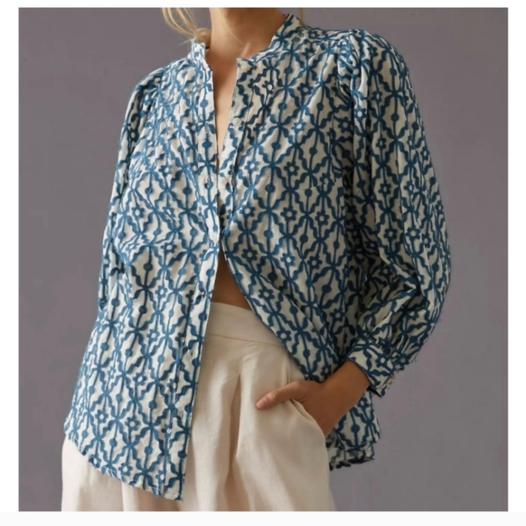 Anthropologie Pilcro Applique Trapeze Button Down Shirt Blue Small
